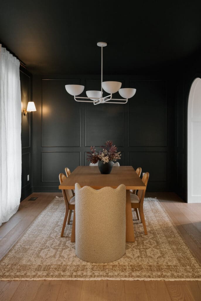 dark charcoal color drenched dining room